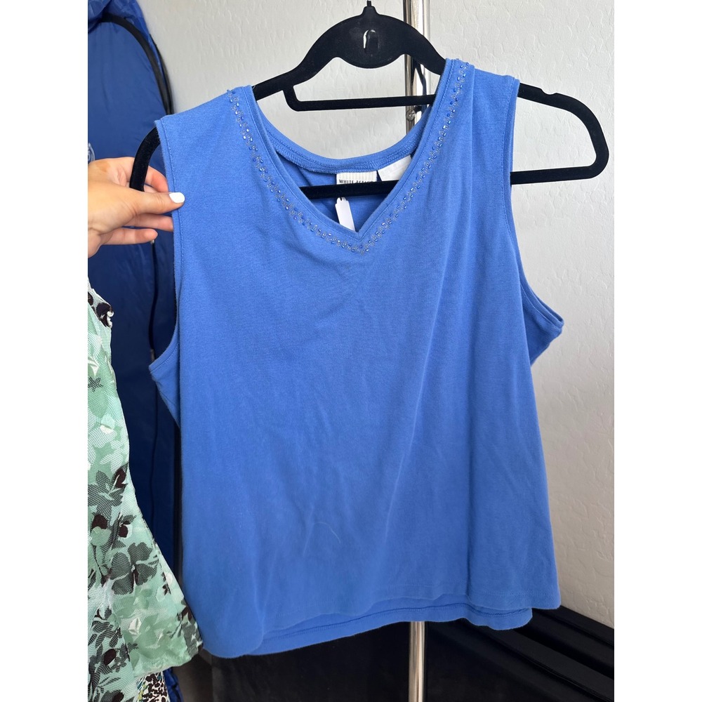 Blue Beaded Tank Top V-Neck Sleeveless Cotton Y2K Vintage White Stag Plus XL